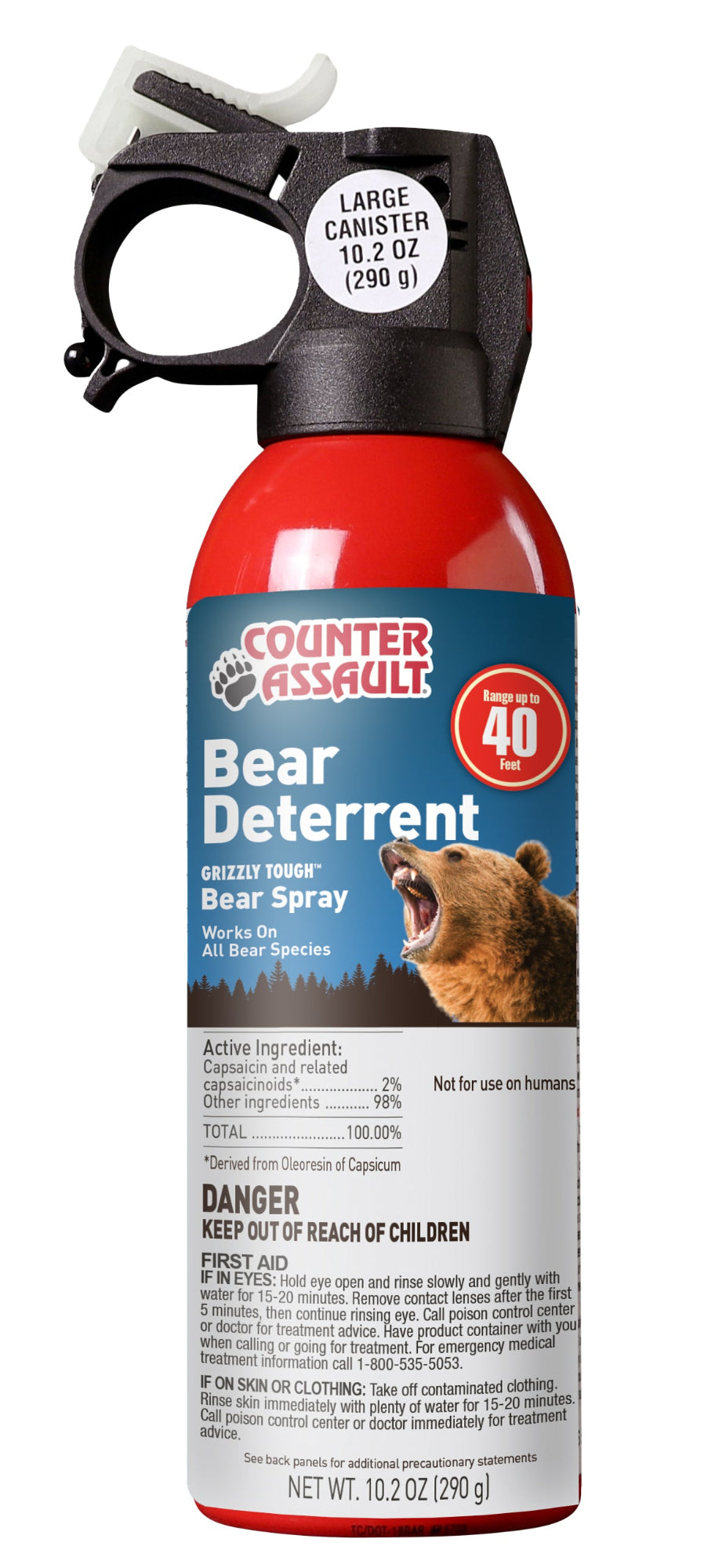 A tall red can of bear deterrent spray. The spray head is black with a white safety wedge. There' a product label on the body of the can. From Left to Right, top to bottom it reads:
"Counter Assault" as a logo; "Range up to 40 Feet"; "Bear Deterrent; "GRIZZLY TOUGH Bear Spray Works On All Bear Species"; A Grizzly Bear; "Active Ingredients" listed; "Not for use on humans; Danger statement; First Aid statement; "See back label for additional precautionary statements"; "NEW WT. 10.2 OZ (290G)"