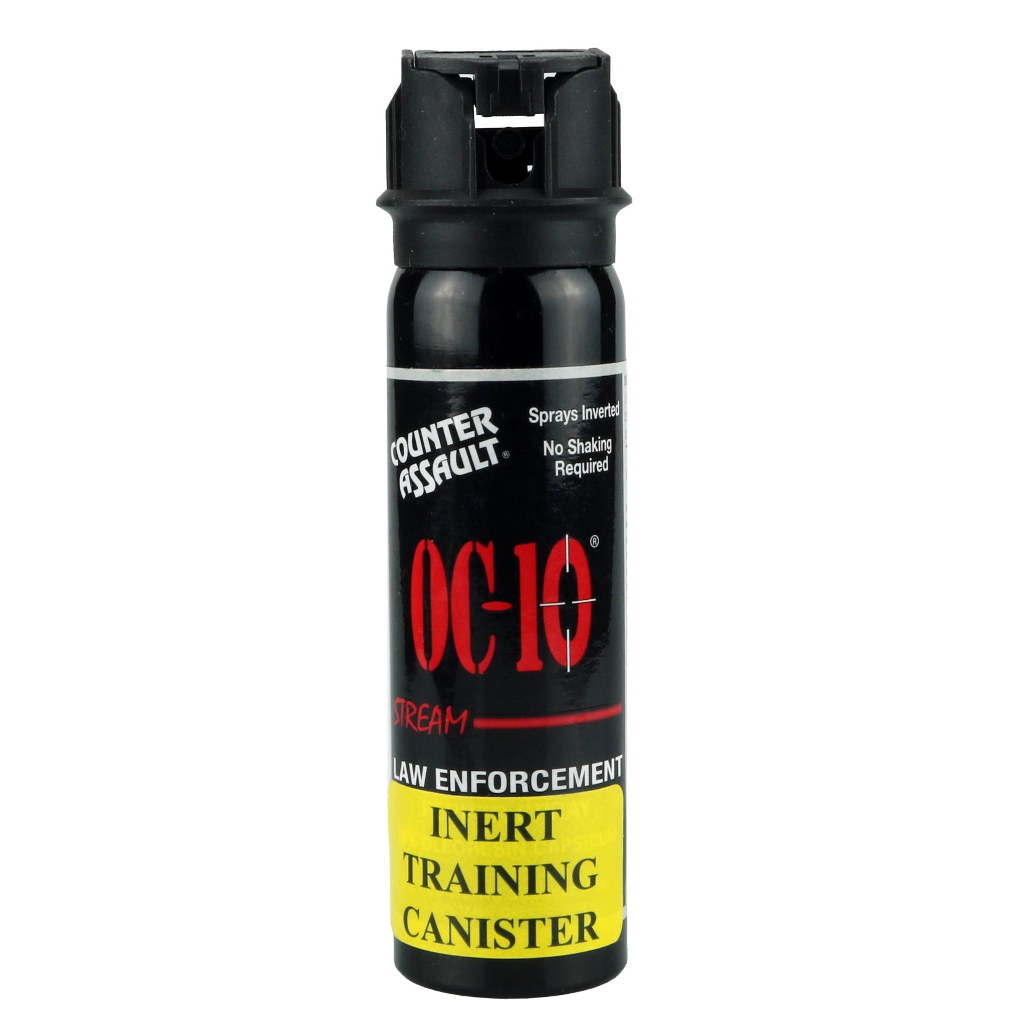 A small, tall black can of pepper spray. The spray head is a black flip-top spray head and forward facing, showing a black nozzle.  There' a product label on the body of the can. From Left to Right, top to bottom it reads:
"Counter Assault" as a logo; " Sprays"Counter Assault" as a logo; " Sprays Inverted No Shaking Required"; "OC-10"; "Stream" (followed by thick red line depicting a stream spray pattern in red); "LAW ENFORCEMENT" 
Below is a yellow sticker with black text saying: "Inert Training Canister"