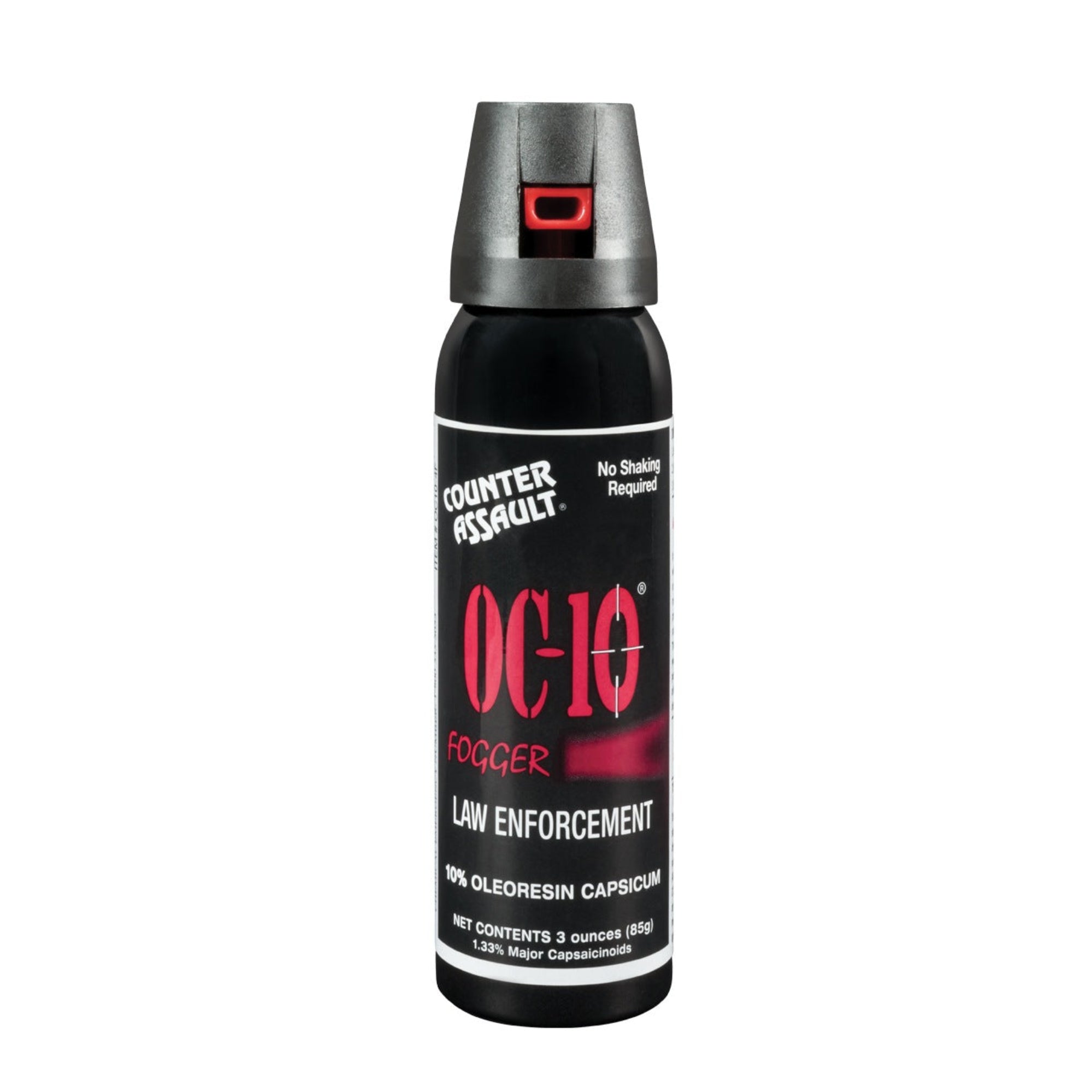 A small, tall black can of pepper spray. The spray head is black and forward facing, showing a red nozzle. There' a product label on the body of the can. From Left to Right, top to bottom it reads:
"Counter Assault" as a logo; "No Shaking Required"; "OC-10"; "FOGGER" (followed by a wide spray pattern in red); "LAW ENFORCEMENT"; "10% OLEORESIN CAPSICUM"; "NET CONTENTS 3 ounces (85g)"; "1.33% Major Capsaicinoids"