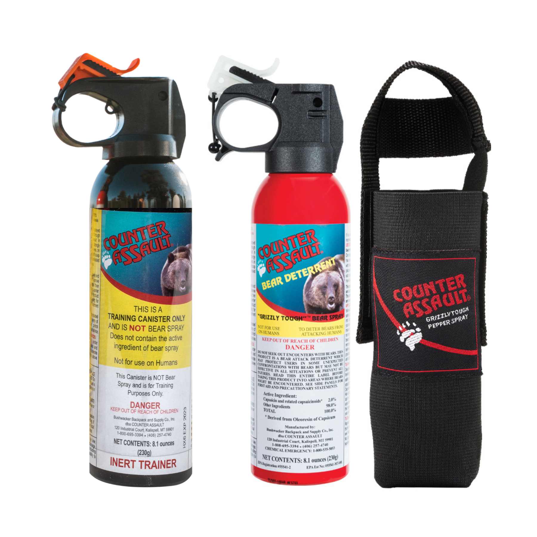 A training canister and a Counter Assault bear deterrent spray with holster