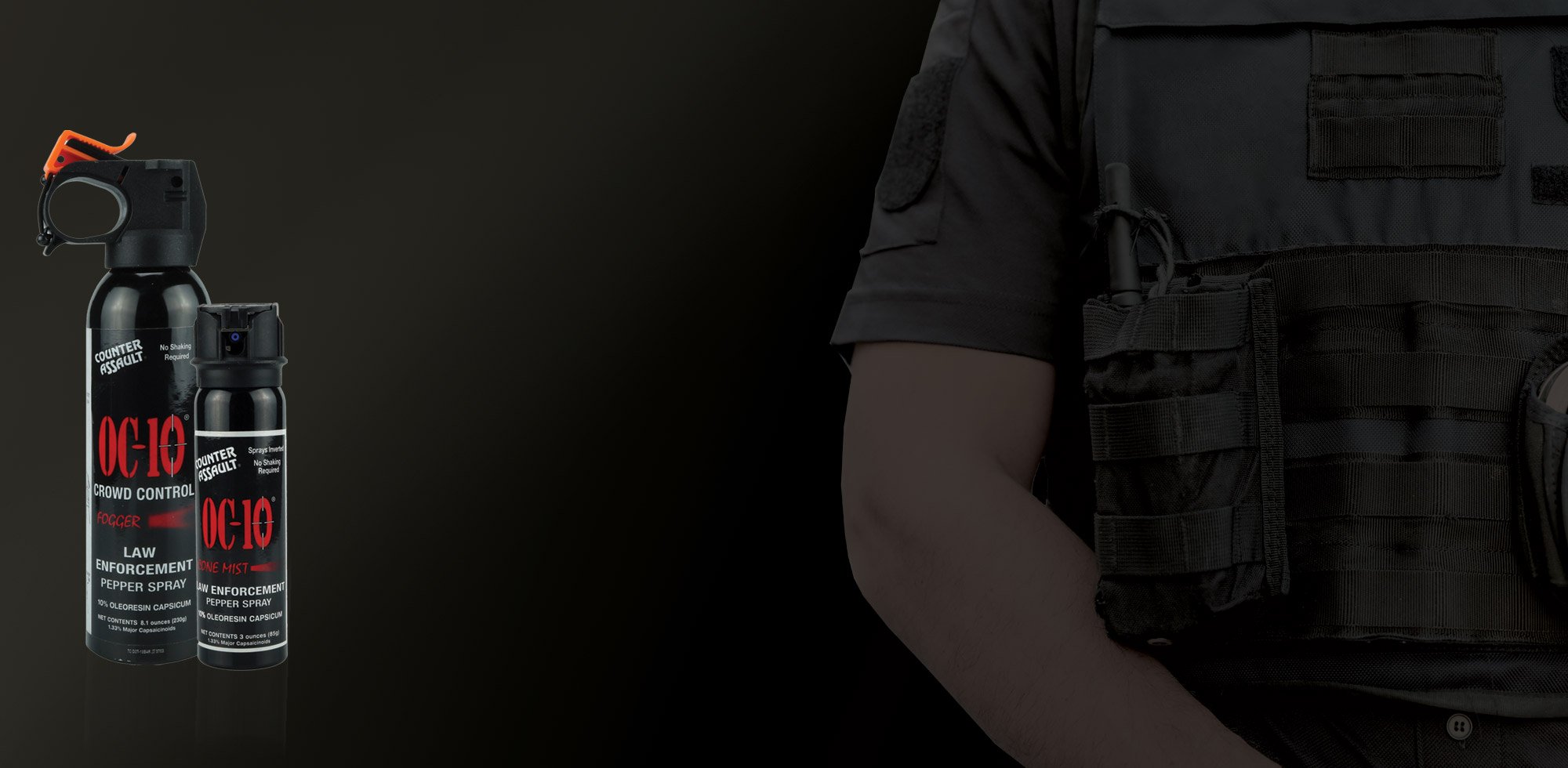 Dark subdued image. Background is black. On the left are the OC10-12 and OC10-4M. Center image is empty space (blank on black background). On the Right is the torso of a law enforcement individual wearing a tactical vest, The vest has MOLLE webbing and a radio pouch, with radio, is attached to the webbing.