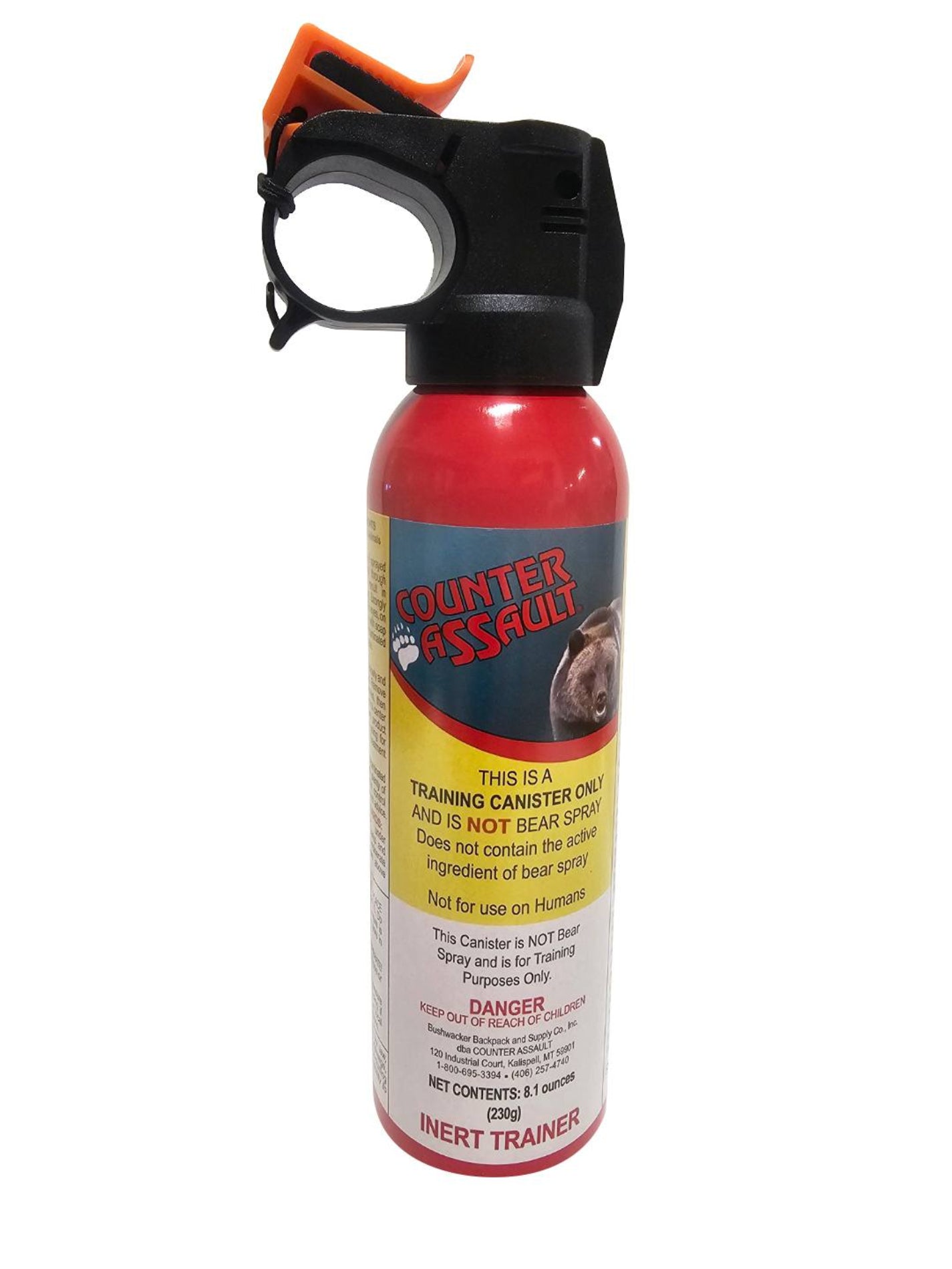 A tall red can of bear deterrent training spray. The spray head is black with an orange safety wedge. There' a product label on the body of the can. From Left to Right, top to bottom it reads:
"Counter Assault" as a logo; Image of Grizzly Bear; "THIS IS A TRAINING CANISTER ONLY AND IS NOT BEAR SPRAY. Does not contain the active ingredient of bear spray. Not for us on Humans"; This Canister is NOT Bear Spray an is for Training Purpose Only"; A Danger Statement; Manufacture address; Net Content; INERT TRAINER