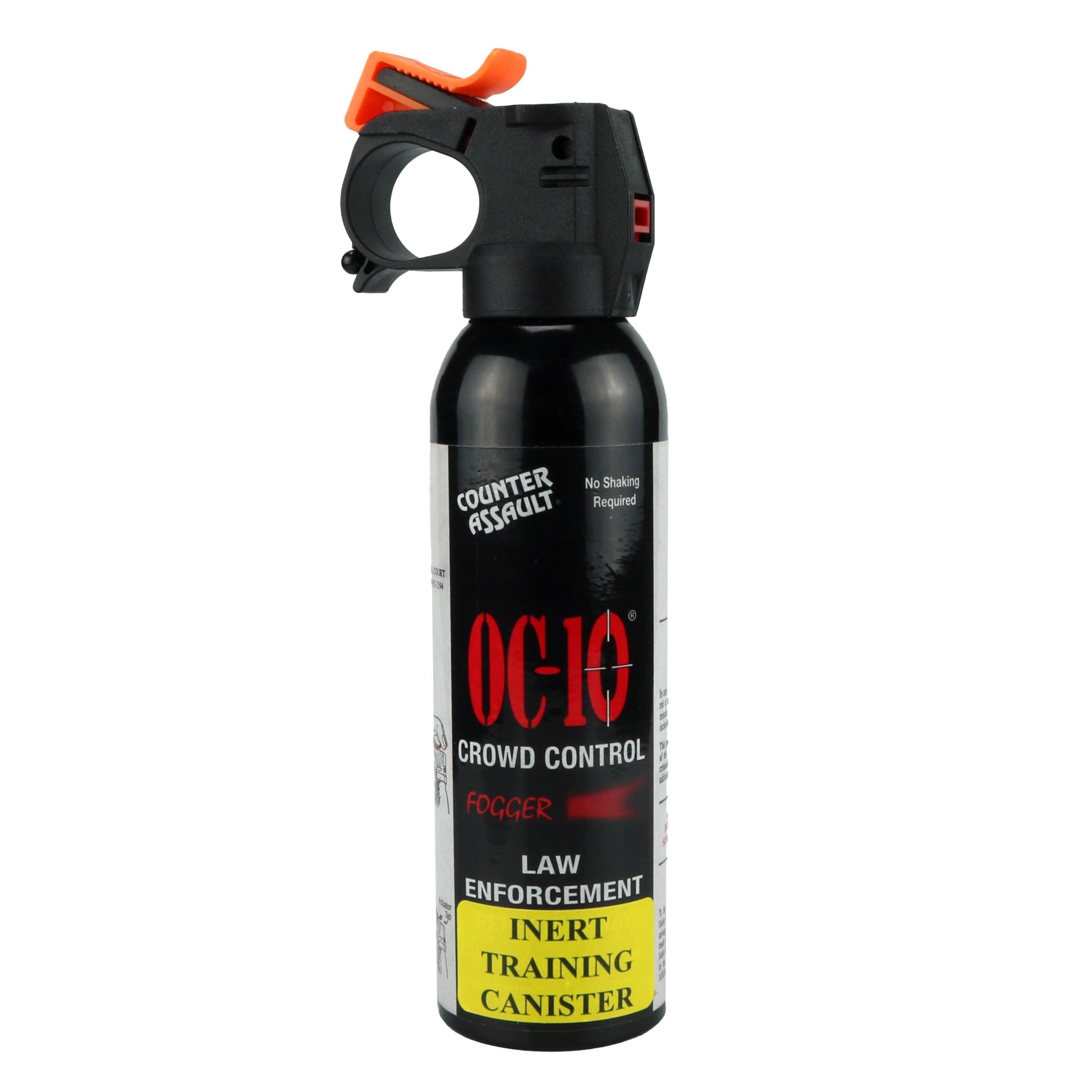 A tall black can of pepper spray. The spray head has an orange safety wedge to prevent depressing the spray actuator. There' a product label on the body of the can. From Left to Right, top to bottom it reads:
"Counter Assault" as a logo; "No Shaking Required"; "OC-10"; "CROWD CONTROL"; "FOGGER" (followed by a wide spray pattern in red); "LAW ENFORCEMENT"

A yellow sticker with black text is placed below saying: "INTERT TRAINING CANISTER"