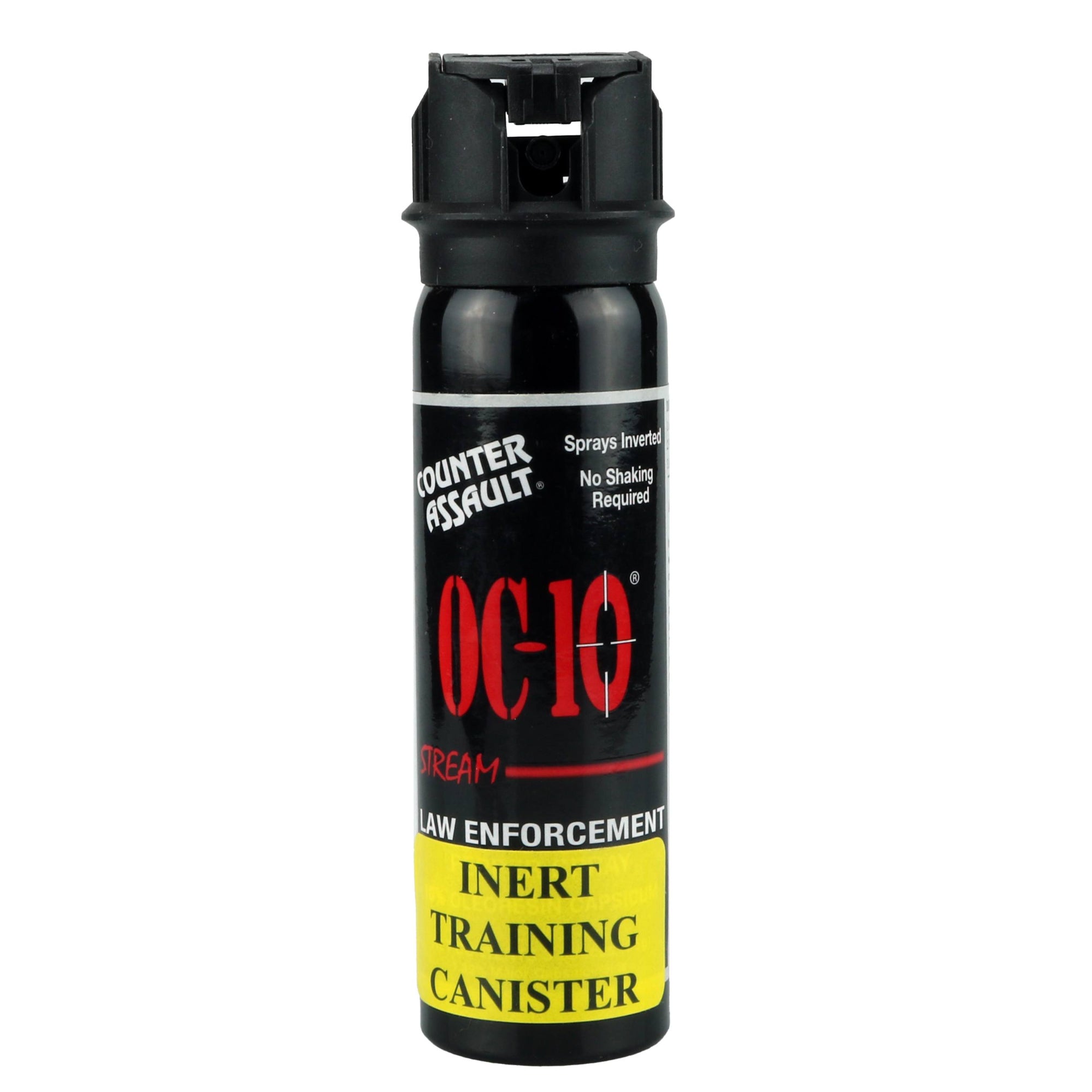 A small, tall black can of pepper spray. The spray head is a black flip-top spray head and forward facing, showing a black nozzle.  There' a product label on the body of the can. From Left to Right, top to bottom it reads:
"Counter Assault" as a logo; " Sprays"Counter Assault" as a logo; " Sprays Inverted No Shaking Required"; "OC-10"; "Stream" (followed by thick red line depicting a stream spray pattern in red); "LAW ENFORCEMENT" 

Below is a yellow sticker with black text saying: "Inert Training Canister"