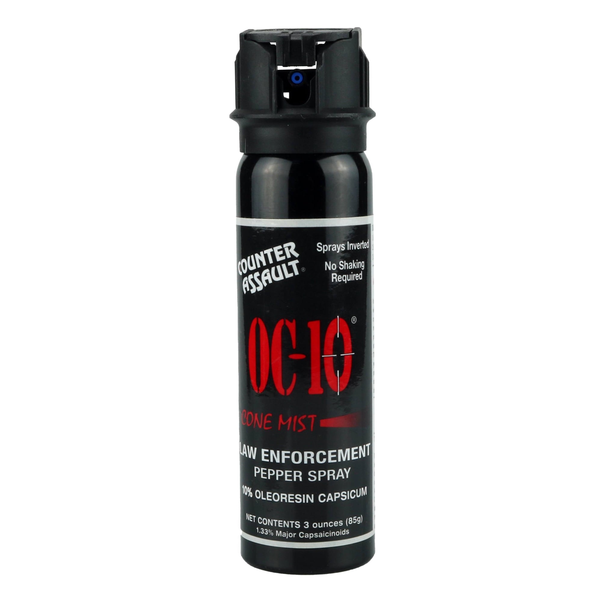 A small, tall black can of pepper spray. The spray head is a black flip-top spray head and forward facing, showing a blue nozzle.  There' a product label on the body of the can. From Left to Right, top to bottom it reads:
"Counter Assault" as a logo; "No Shaking Required"; "OC-10"; "CONE MIST" (followed by a medium spray pattern in red); "LAW ENFORCEMENT"; "10% OLEORESIN CAPSICUM"; "NET CONTENTS 3 ounces (85g)"; "1.33% Major Capsaicinoids"