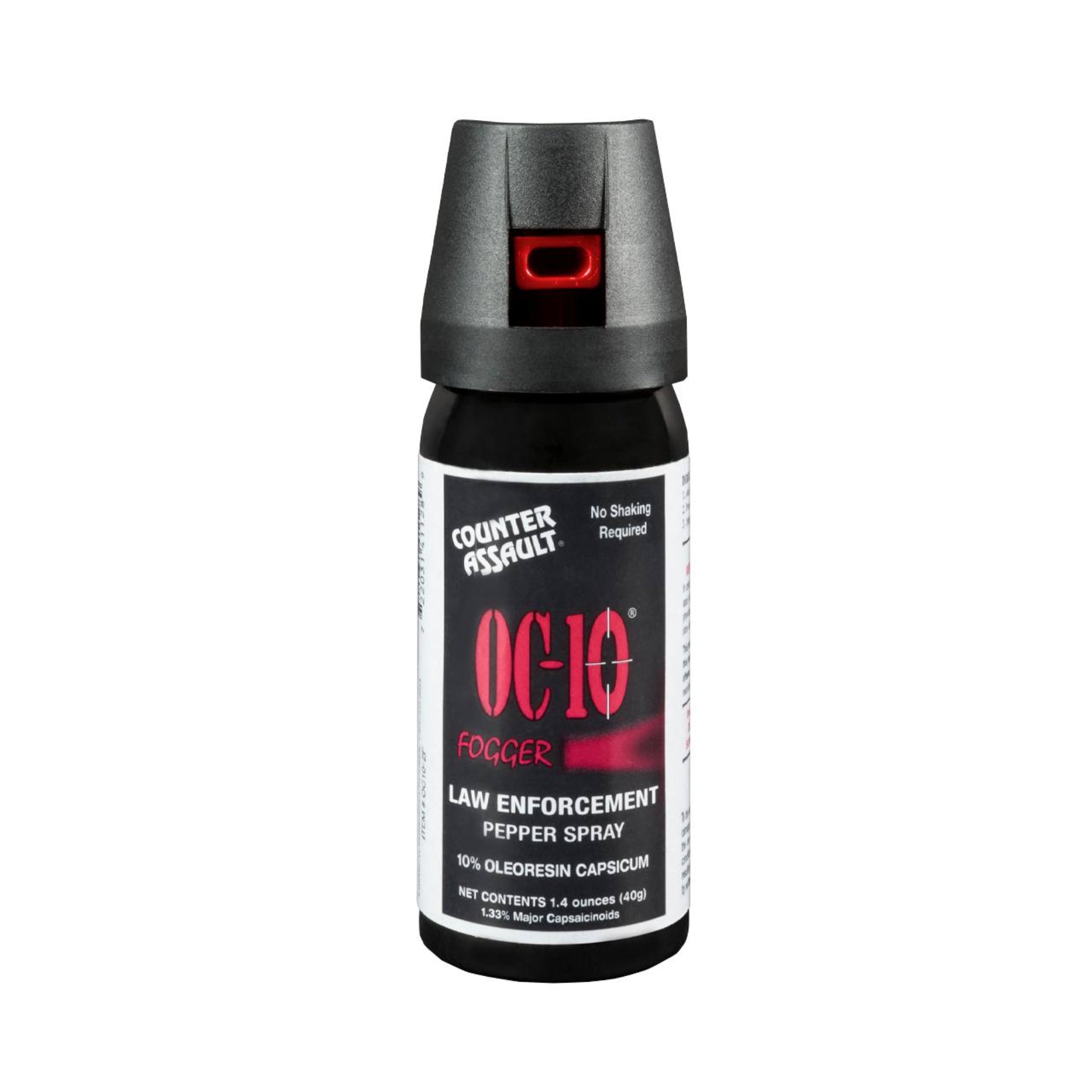 A small, short black can of pepper spray. The spray head is black and forward facing, showing a red nozzle.  There' a product label on the body of the can. From Left to Right, top to bottom it reads:
"Counter Assault" as a logo; "No Shaking Required"; "OC-10"; "FOGGER" (followed by a wide spray pattern in red); "LAW ENFORCEMENT PEPPER SPRAY"; "10% OLEORESIN CAPSICUM"; "NET CONTENTS 1.4 ounces (40g)"; "1.33% Major Capsaicinoids"