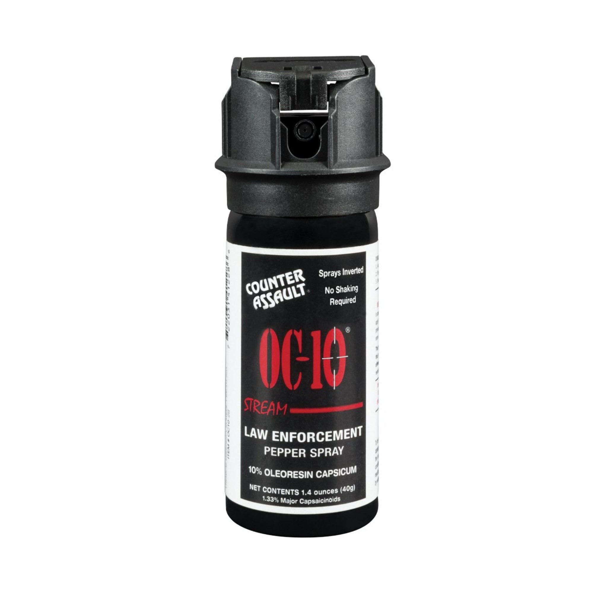 A small, short black can of pepper spray. The spray head is a black flip-top spray head and forward facing, showing a black nozzle.  There' a product label on the body of the can. From Left to Right, top to bottom it reads:
"Counter Assault" as a logo; " Sprays Inverted No Shaking Required"; "OC-10"; "Stream" (followed by thick red line depicting a stream spray pattern in red); "LAW ENFORCEMENT PEPPER SPRAY"; "10% OLEORESIN CAPSICUM"; "NET CONTENTS 1.4 ounces (40g)"; "1.33% Major Capsaicinoids"