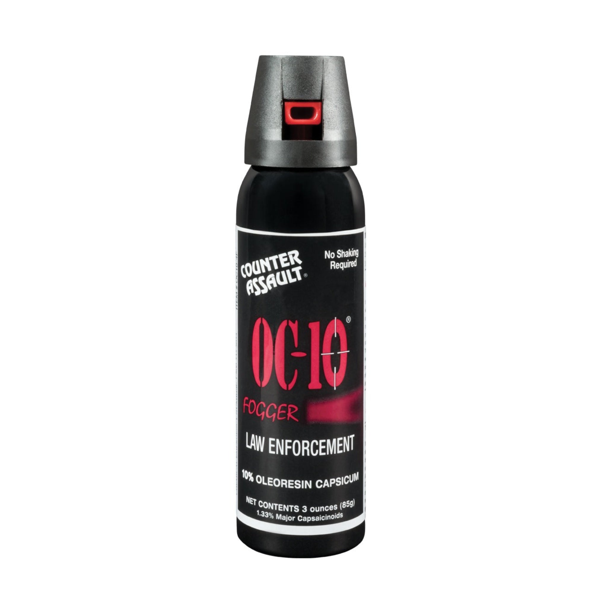 A small, tall black can of pepper spray. The spray head is black and forward facing, showing a red nozzle.  There' a product label on the body of the can. From Left to Right, top to bottom it reads:
"Counter Assault" as a logo; "No Shaking Required"; "OC-10"; "FOGGER" (followed by a wide spray pattern in red); "LAW ENFORCEMENT"; "10% OLEORESIN CAPSICUM"; "NET CONTENTS 3 ounces (85g)"; "1.33% Major Capsaicinoids"