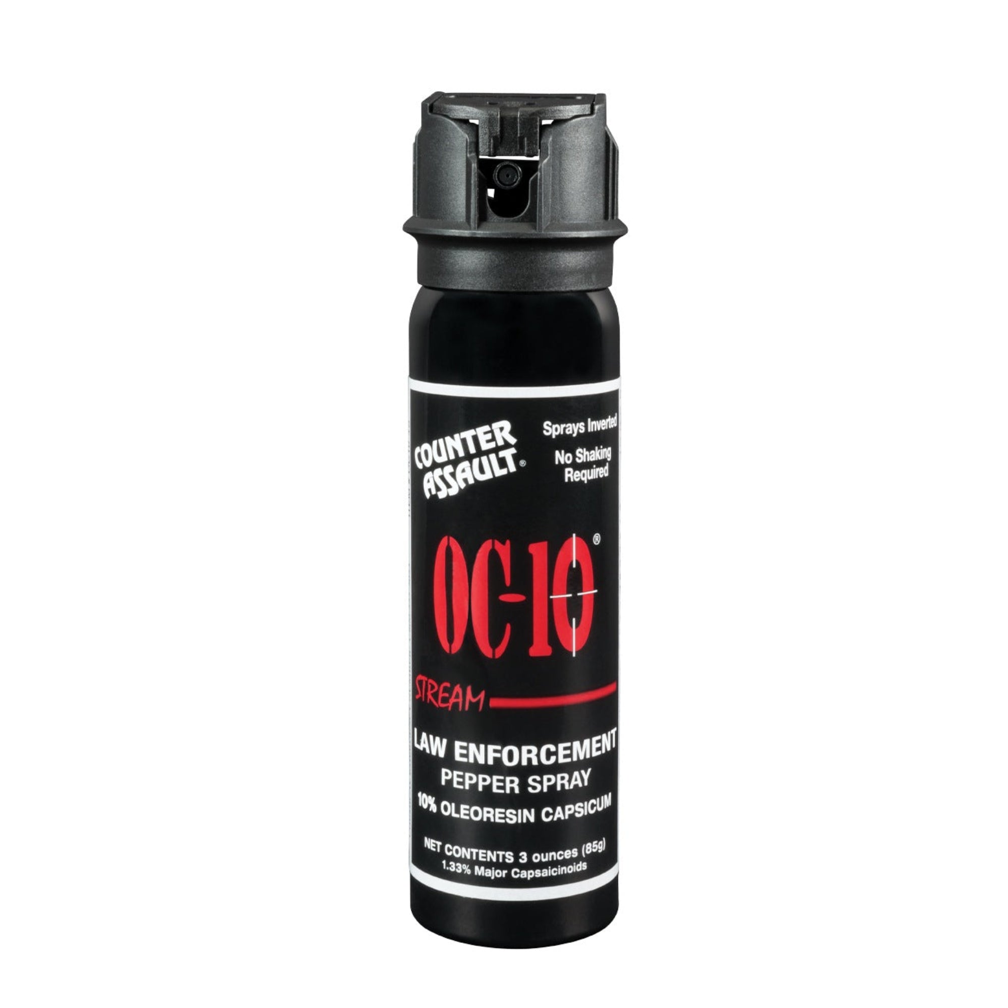 A small, tall black can of pepper spray. The spray head is a black flip-top spray head and forward facing, showing a black nozzle.  There' a product label on the body of the can. From Left to Right, top to bottom it reads:
"Counter Assault" as a logo; " Sprays Inverted No Shaking Required"; "OC-10"; "Stream" (followed by thick red line depicting a stream spray pattern in red); "LAW ENFORCEMENT PEPPER SPRAY"; "10% OLEORESIN CAPSICUM"; "NET CONTENTS 3 ounces (85g)"; "1.33% Major Capsaicinoids"