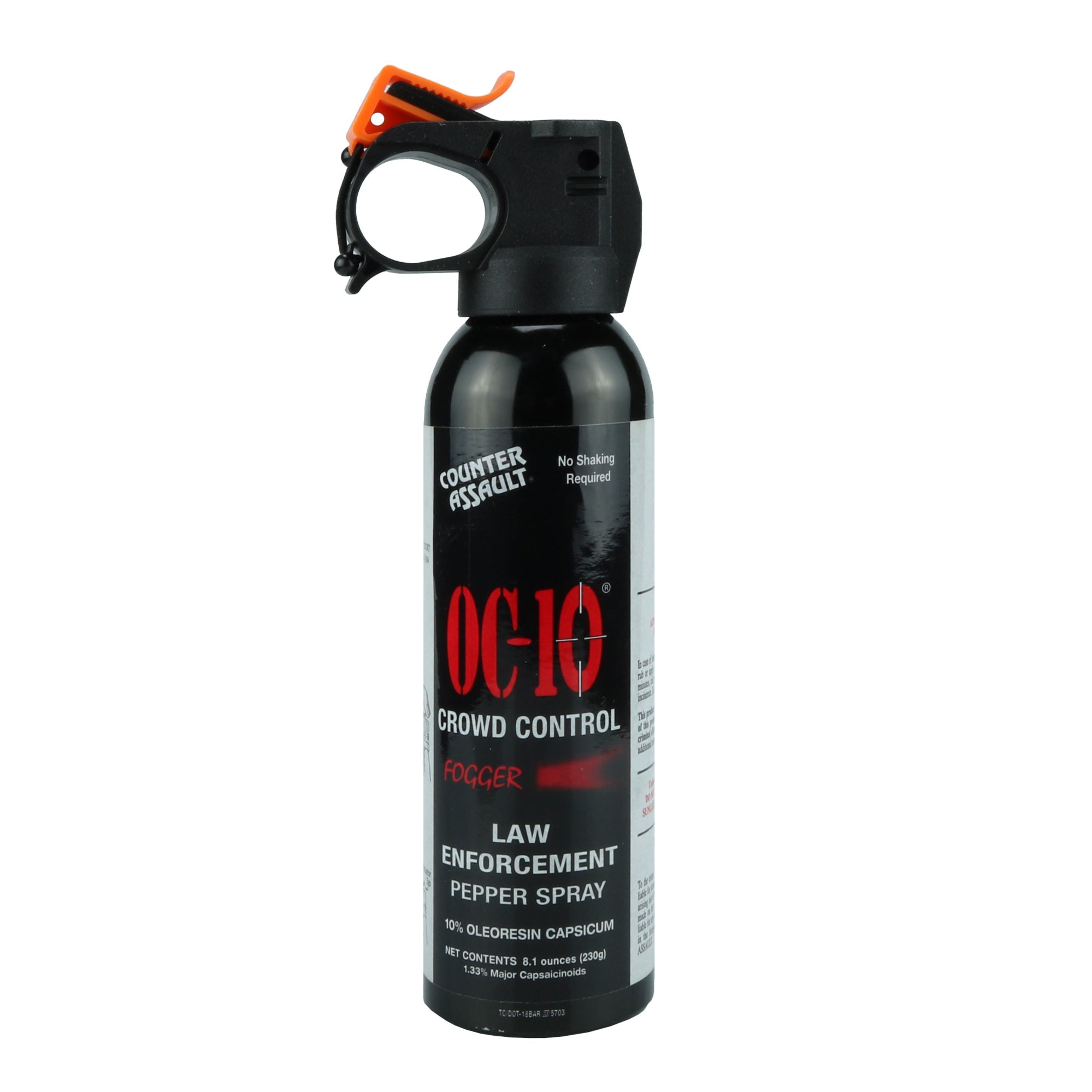 A tall black can of pepper spray. The spray head has an orange safety wedge to prevent depressing the spray actuator. There' a product label on the body of the can. From Left to Right, top to bottom it reads:
"Counter Assault" as a logo; "No Shaking Required"; "OC-10"; "CROWD CONTROL"; "FOGGER" (followed by a wide spray pattern in red); "LAW ENFORCEMENT PEPPER SPRAY"; "10% OLEORESIN CAPSICUM"; "NET CONTENTS 8.1 ounces (230g)"; "1.33% Major Capsaicinoids"